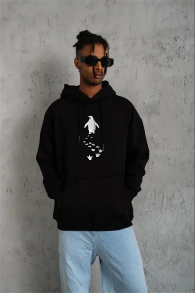 Erkek Nihilist Penguen Temalı Oversize Kapüşonlu Sweatshirt - Siyah
