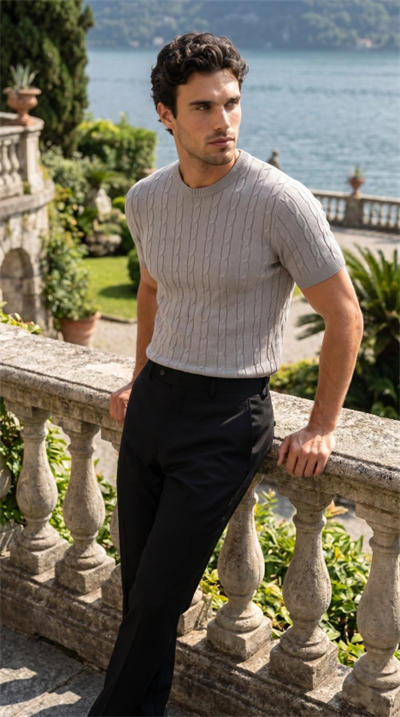 Erkek Örgü Desen Bisiklet Yaka Triko Tişört - %100 Pamuk Akrilik