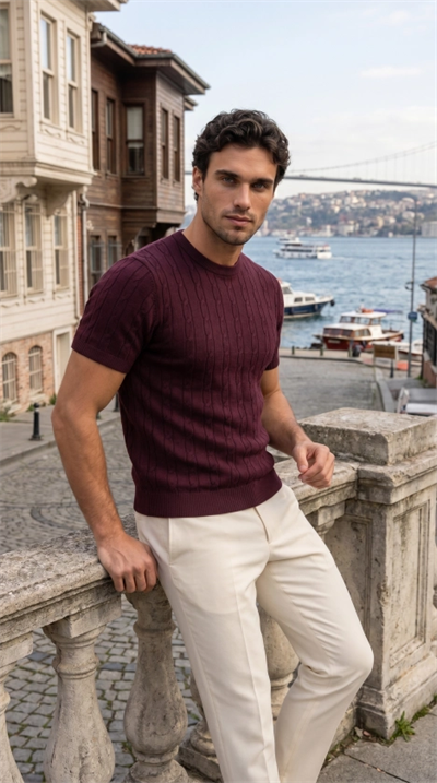 Erkek Örgü Desen Bisiklet Yaka Triko Tişört - %100 Pamuk Akrilik