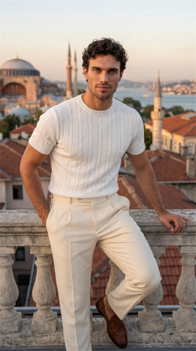 Erkek Örgü Desen Bisiklet Yaka Triko Tişört - %100 Pamuk Akrilik