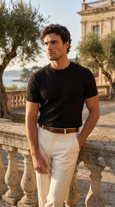 Erkek Örgü Desen Bisiklet Yaka Triko Tişört - %100 Pamuk Akrilik