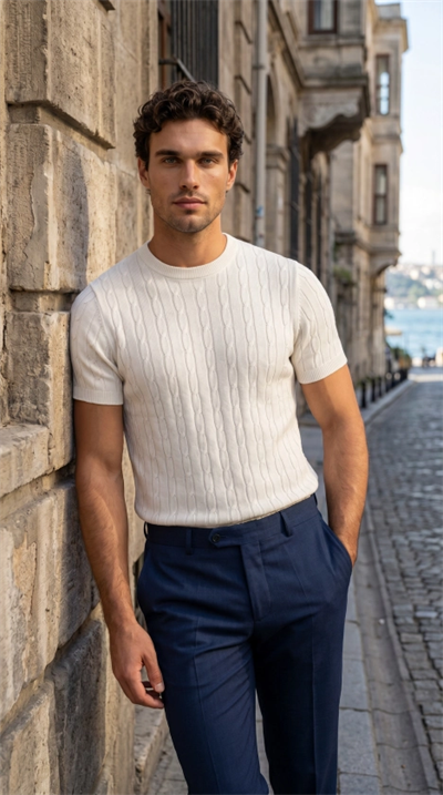 Erkek Örgü Desen Bisiklet Yaka Triko Tişört - %100 Pamuk Akrilik