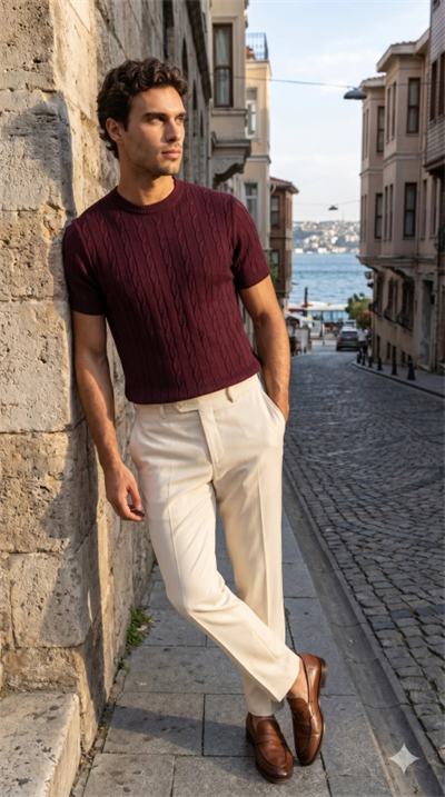 Erkek Örgü Desen Bisiklet Yaka Triko Tişört - %100 Pamuk Akrilik