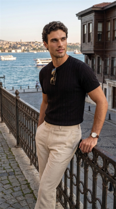 Erkek Örgü Desen Bisiklet Yaka Triko Tişört - %100 Pamuk Akrilik