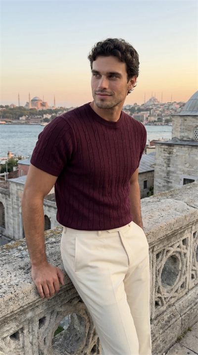 Erkek Örgü Desen Bisiklet Yaka Triko Tişört - %100 Pamuk Akrilik