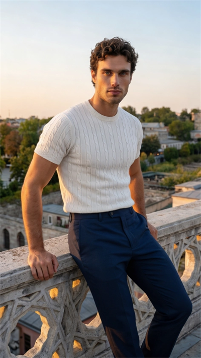 Erkek Örgü Desen Bisiklet Yaka Triko Tişört - %100 Pamuk Akrilik