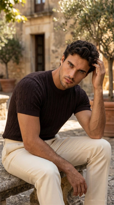 Erkek Örgü Desen Bisiklet Yaka Triko Tişört - %100 Pamuk Akrilik