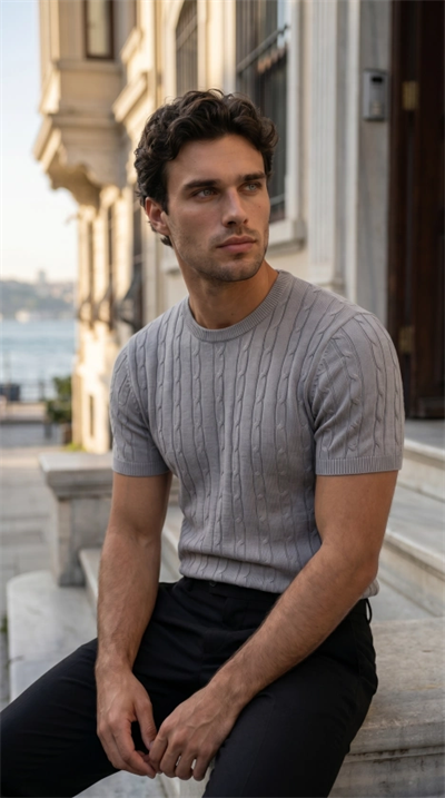 Erkek Örgü Desen Bisiklet Yaka Triko Tişört - %100 Pamuk Akrilik