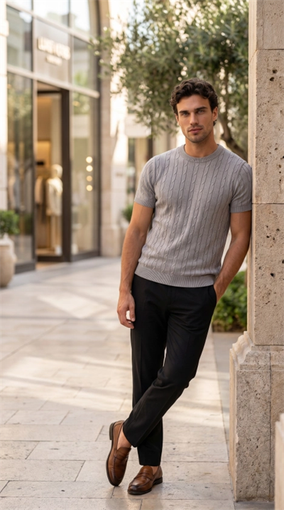 Erkek Örgü Desen Bisiklet Yaka Triko Tişört - %100 Pamuk Akrilik