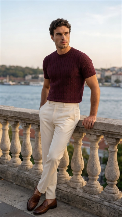 Erkek Örgü Desen Bisiklet Yaka Triko Tişört - %100 Pamuk Akrilik