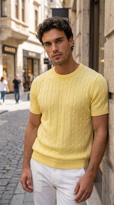 Erkek Örgü Desen Bisiklet Yaka Triko Tişört - %100 Pamuk Akrilik