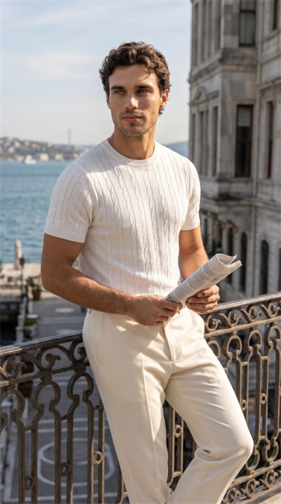 Erkek Örgü Desen Bisiklet Yaka Triko Tişört - %100 Pamuk Akrilik