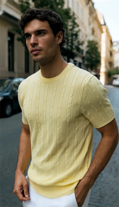 Erkek Örgü Desen Bisiklet Yaka Triko Tişört - %100 Pamuk Akrilik