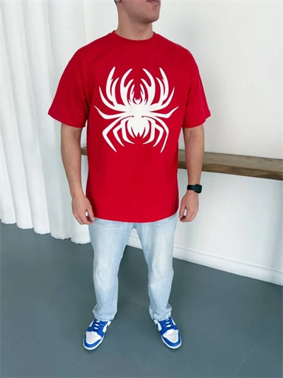 Erkek Örümcek Baskılı Tişört Kısa Kollu Bisiklet Yaka T-Shirt - Kırmızı