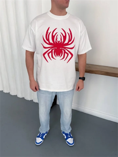 Erkek Örümcek Baskılı Tişört Kısa Kollu Bisiklet Yaka T-Shirt - Beyaz