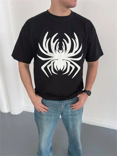 Erkek Örümcek Baskılı Tişört Kısa Kollu Bisiklet Yaka T-Shirt - Siyah