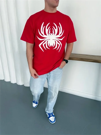 Erkek Örümcek Baskılı Tişört Kısa Kollu Bisiklet Yaka T-Shirt - Kırmızı