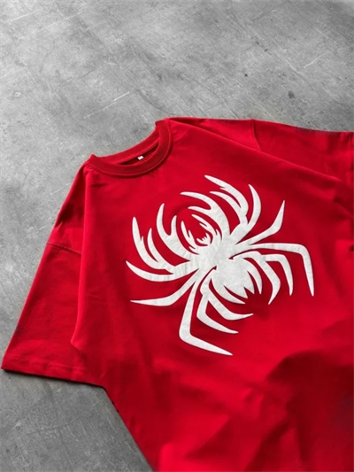 Erkek Örümcek Baskılı Tişört Kısa Kollu Bisiklet Yaka T-Shirt - Kırmızı