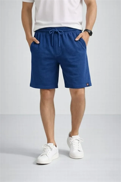 Erkek Otoban Dokuma Şort Beli Lastikli Bağcıklı, Cepli, Rahat Kesim Günlük Yazlık Şort - İndigo