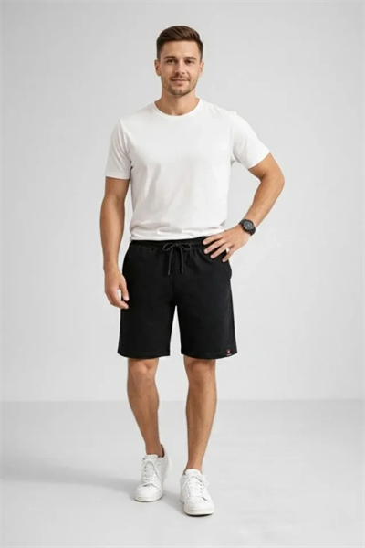 Erkek Otoban Dokuma Şort Beli Lastikli Bağcıklı, Cepli, Rahat Kesim Günlük Yazlık Şort - Siyah