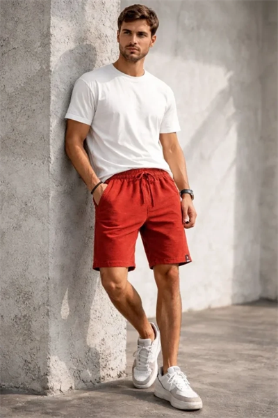 Erkek Otoban Dokuma Şort Beli Lastikli Bağcıklı, Cepli, Rahat Kesim Günlük Yazlık Şort - Turuncu