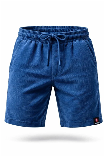 Erkek Otoban Dokuma Şort Beli Lastikli Bağcıklı, Cepli, Rahat Kesim Günlük Yazlık Şort - İndigo