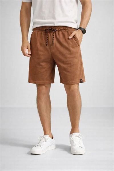 Erkek Otoban Dokuma Şort Beli Lastikli Bağcıklı, Cepli, Rahat Kesim Günlük Yazlık Şort - Kahverengi