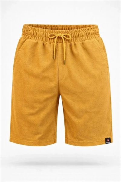 Erkek Otoban Dokuma Şort Beli Lastikli Bağcıklı, Cepli, Rahat Kesim Günlük Yazlık Şort - Hardal