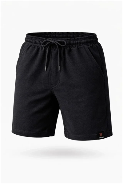 Erkek Otoban Dokuma Şort Beli Lastikli Bağcıklı, Cepli, Rahat Kesim Günlük Yazlık Şort - Siyah