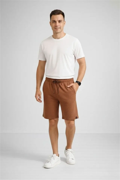 Erkek Otoban Dokuma Şort Beli Lastikli Bağcıklı, Cepli, Rahat Kesim Günlük Yazlık Şort - Kahverengi