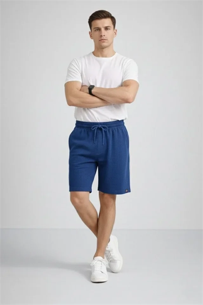 Erkek Otoban Dokuma Şort Beli Lastikli Bağcıklı, Cepli, Rahat Kesim Günlük Yazlık Şort - İndigo