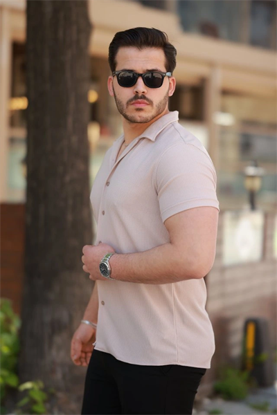 Erkek Ottoman Kumaş Apaj Yaka Kısa Kollu Gömlek