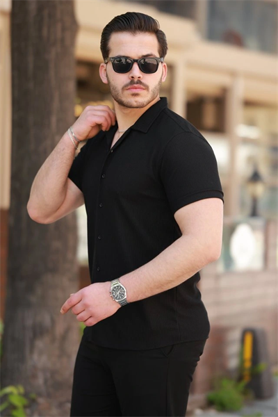 Erkek Ottoman Kumaş Apaj Yaka Kısa Kollu Gömlek