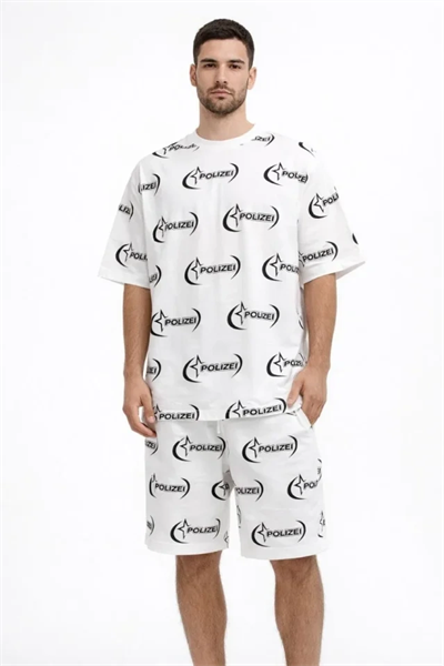 Erkek Oversize Ön Ve Arka Baskılı Tişört Şort Takım Rahat Kalıp Yazlık Günlük Kombin - Beyaz