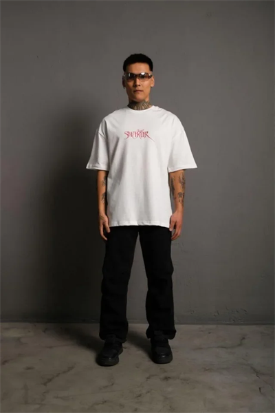 Erkek Oversize Tişört – Beyaz 24/1 Penye Kumaş, Bisiklet Yaka, Ön - Arka Baskılı, Streetwear Tarzı Rahat Büyük Kalıp T-Shirt- Beyaz