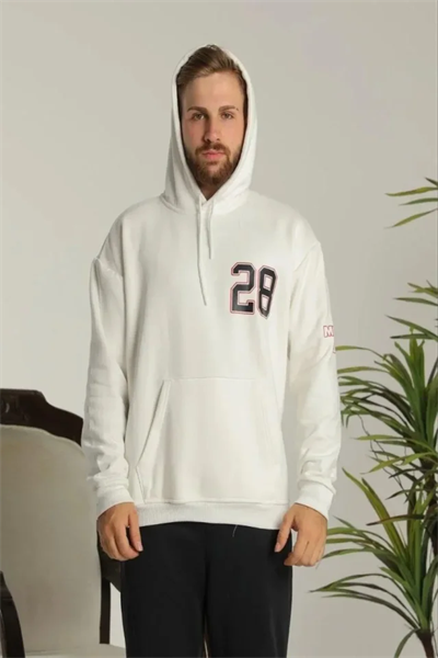 Erkek Oversize Üç İplik Kapüşonlu Sweatshirt –Sırt Ve Ön Baskılı, Kanguru Cepli, Rahat Kalıp Maskot Desenli Model - Siyah Beyaz