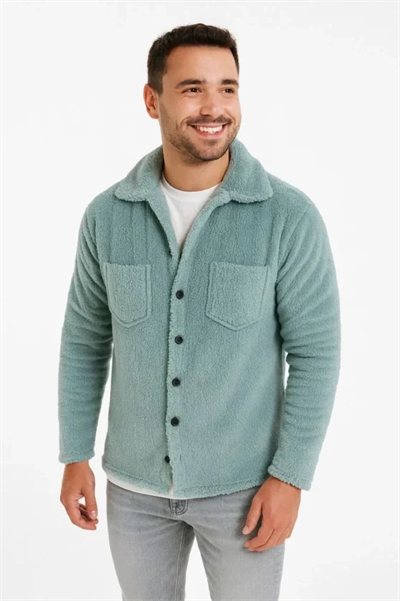 Erkek Pelüş Polar Hırka Gömlek Yakalı İlik Düğmeli Göğüs Cepli Yumuşak - Bebe Mavisi