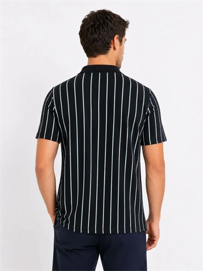 Erkek Pike Kumaş Çizgili Polo Yaka Tişört Kısa Kol Yazlık T-Shirt - Siyah