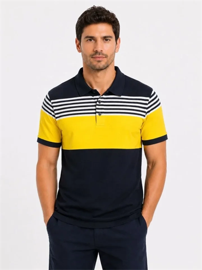 Erkek Pike Kumaş Çizgili Polo Yaka Tişört Kısa Kol Yazlık T-Shirt - Lacivert