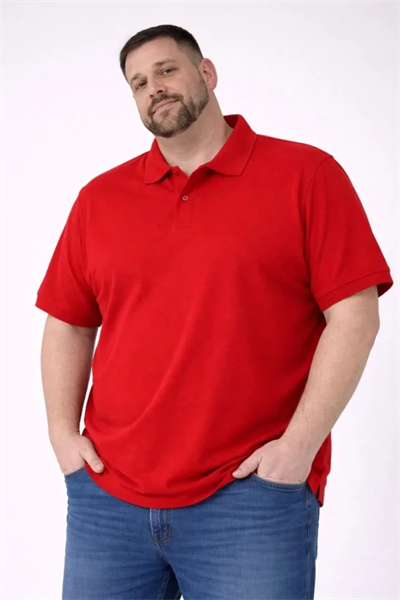 Erkek Pike Kumaş Düğmeli Yaka Battal Büyük Beden Günlük Kısa Kol Tişört T-shirt - Kırmızı