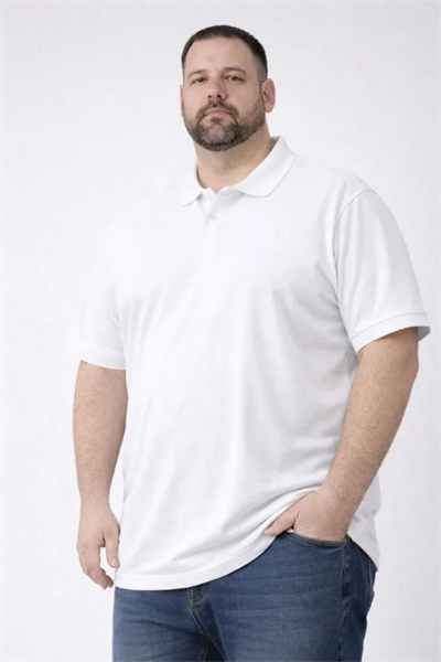 Erkek Pike Kumaş Düğmeli Yaka Battal Büyük Beden Günlük Kısa Kol Tişört T-shirt - Beyaz