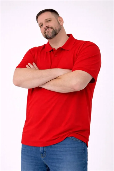 Erkek Pike Kumaş Düğmeli Yaka Battal Büyük Beden Günlük Kısa Kol Tişört T-shirt - Kırmızı