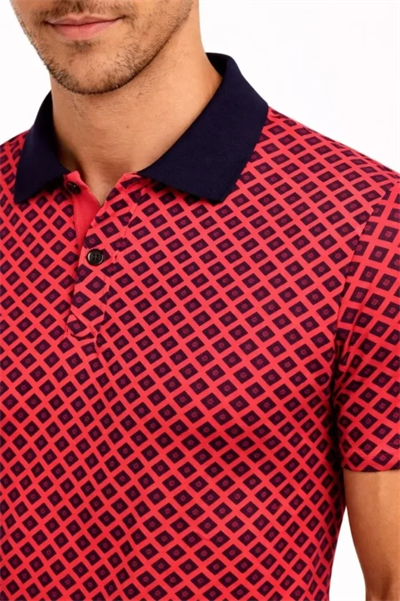 Erkek Pike Kumaş Polo Yaka Desenli Tişört Kısa Kol Yazlık T-Shirt - Kırmızı