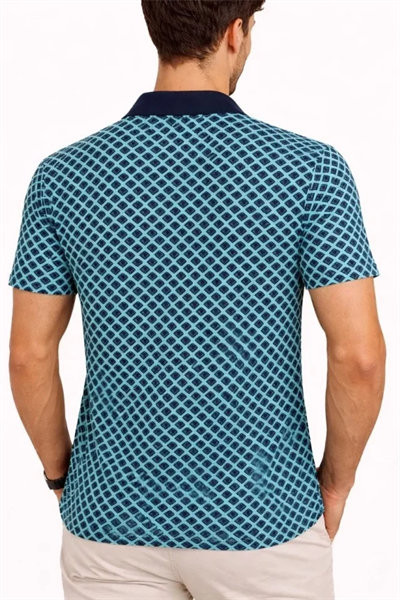 Erkek Pike Kumaş Polo Yaka Desenli Tişört Kısa Kol Yazlık T-Shirt - Turkuaz