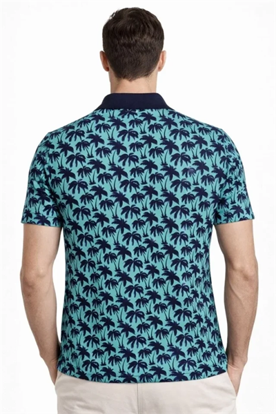Erkek Pike Kumaş Polo Yaka Palmiye Desenli Tişört Kısa Kol Yazlık T-Shirt - Turkuaz