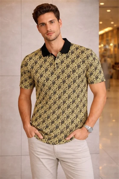 Erkek Pike Kumaş Polo Yaka Palmiye Desenli Tişört Kısa Kol Yazlık T-Shirt - Sarı