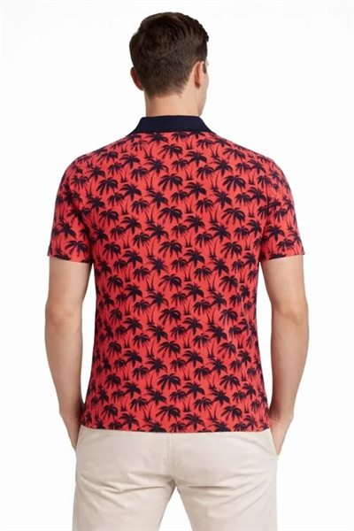 Erkek Pike Kumaş Polo Yaka Palmiye Desenli Tişört Kısa Kol Yazlık T-Shirt - Kırmızı