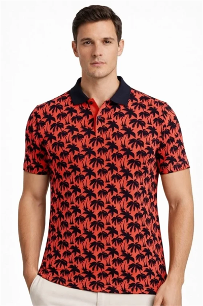 Erkek Pike Kumaş Polo Yaka Palmiye Desenli Tişört Kısa Kol Yazlık T-Shirt - Kırmızı