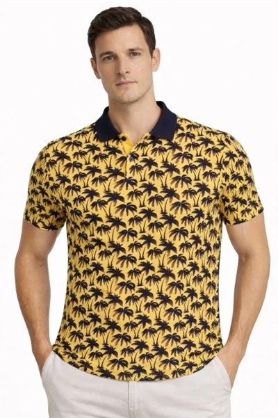 Erkek Pike Kumaş Polo Yaka Palmiye Desenli Tişört Kısa Kol Yazlık T-Shirt - Sarı