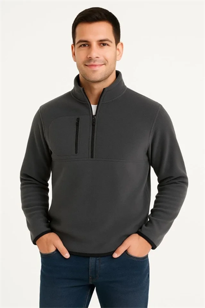 Erkek Polar Kazak Dik Yaka Yarım Fermuarlı Fermuarlı Göğüs Cepli Siyah Biyeli - Füme